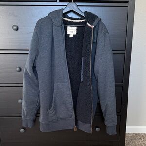 Vintage Blue-Gray Zip-Up Hoodie with Sherpa Lining